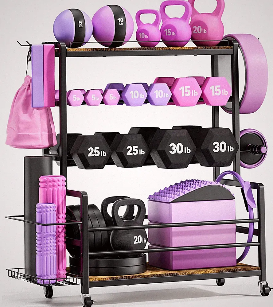 Portable 3-Tier Dumbbell Rack with Wheels, Hooks & Wood Shelves for Home Gym