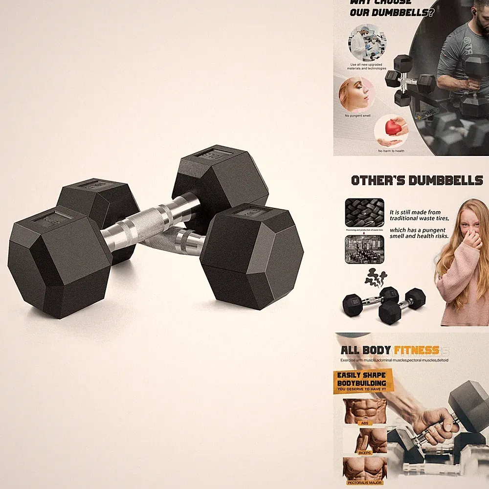 Portzon Set of 2 Rubber Dumbbells Hex Anti-Slip Anti-roll