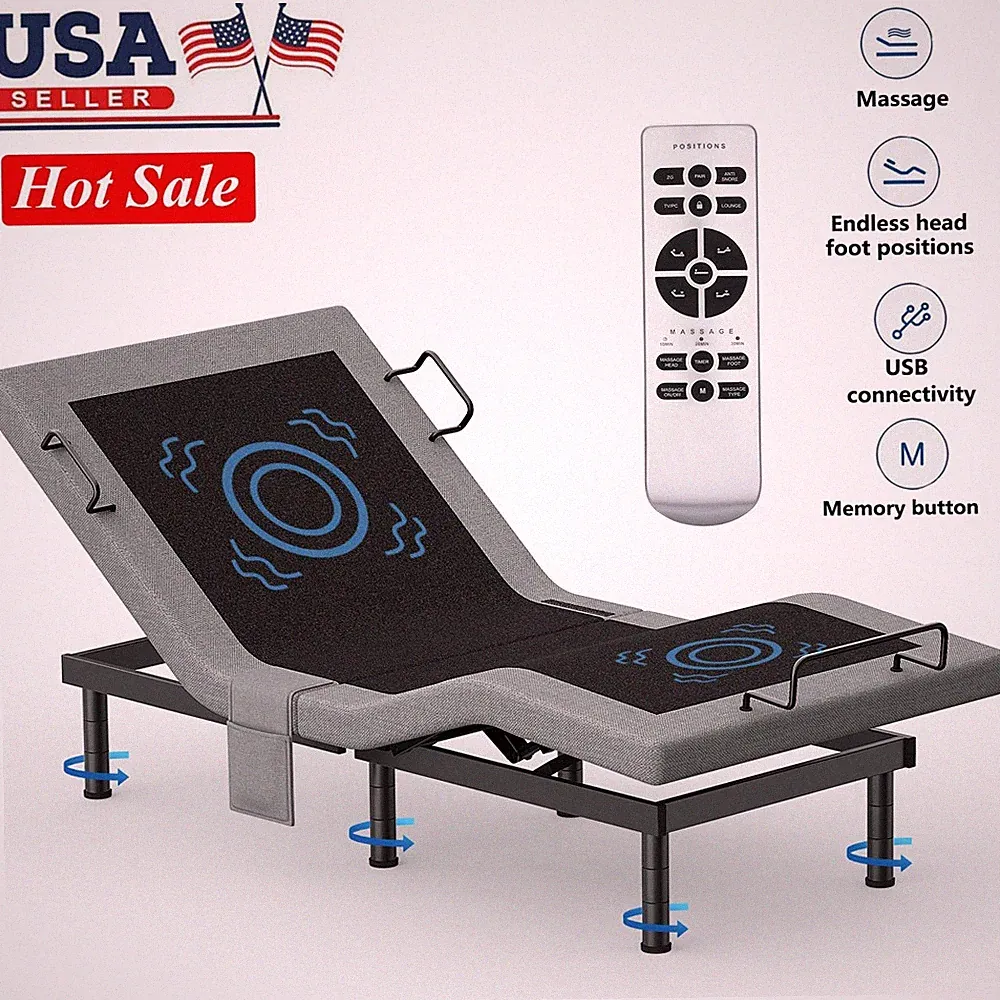 Power Base Adjustable Bed Frame with Massage Wired Remote USB TXL Size 1000LB