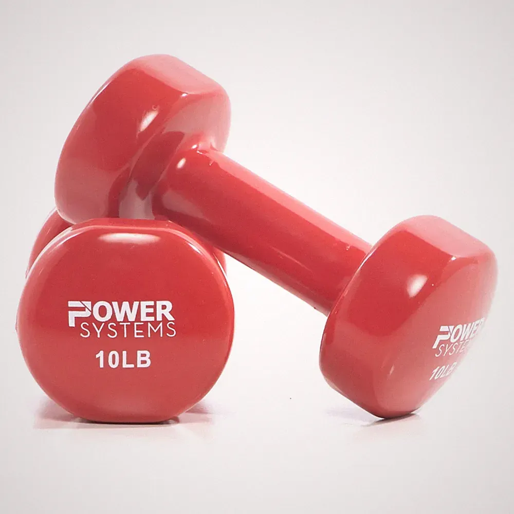 Power Systems 10lb Vinyl Dumbbells Pair Non Slip Grip Red Fitness Home Gym Use