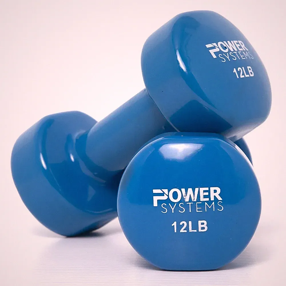 Power Systems 12lb Vinyl Dumbbells Pair Non Slip Grip Blue Fitness Home Gym Use