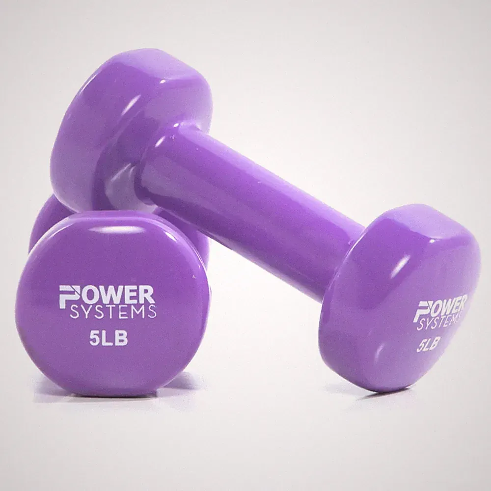 Power Systems 5lb Vinyl Dumbbells Pair Non Slip Grip Purple Fitness Home Gym Use