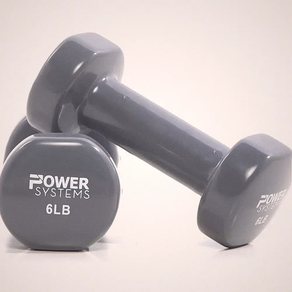 Power Systems 6lb Vinyl Dumbbells Pair Non Slip Grip Gray Fitness Home Gym Use