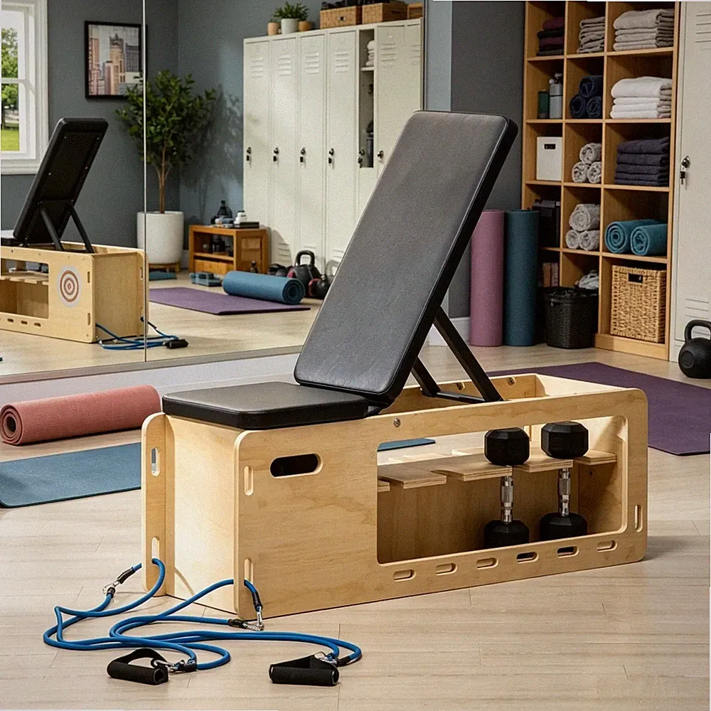 Premium Adjustable Wooden Workout Bench with Dumbbell Rack and Resistance Bands