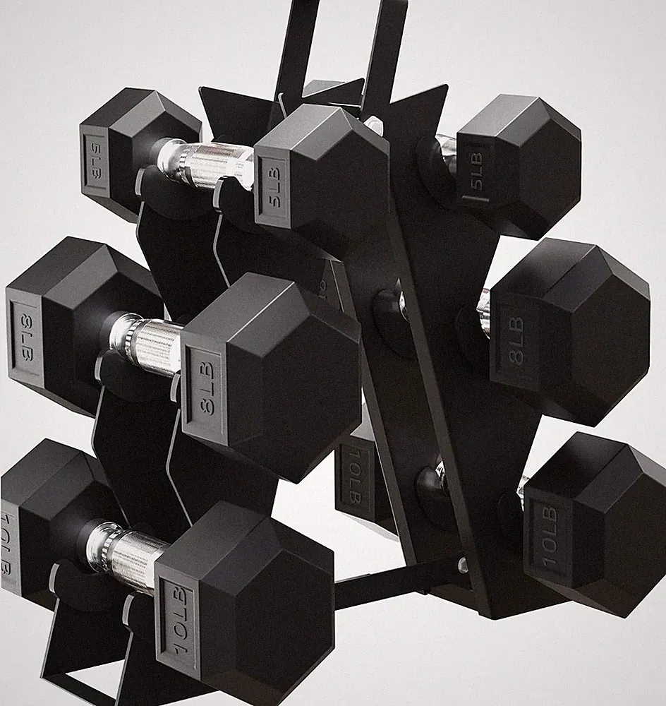 Premium Rubber Encased Hex Dumbbell Sets 3-Pair Set with A-Rack 46 lbs Dumbbells