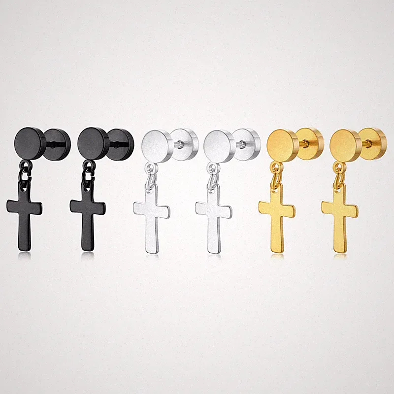 Punk Barbell Ear Studs Men Earrings Cross Dangle Ear Drops Stainless Steel Gift