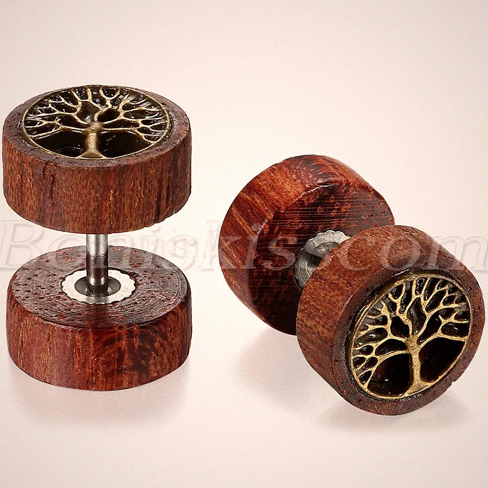 Punk Retro Wood Lion Head Tree Of Life Barbell Dumbbell Ear Studs Plug Earrings