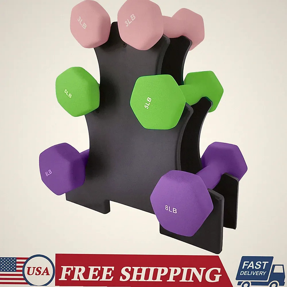 PVC Coated Hexagon Weights Dumbbell Set 3LB 5LB 8 LB with Plastic Dumbbell Rack