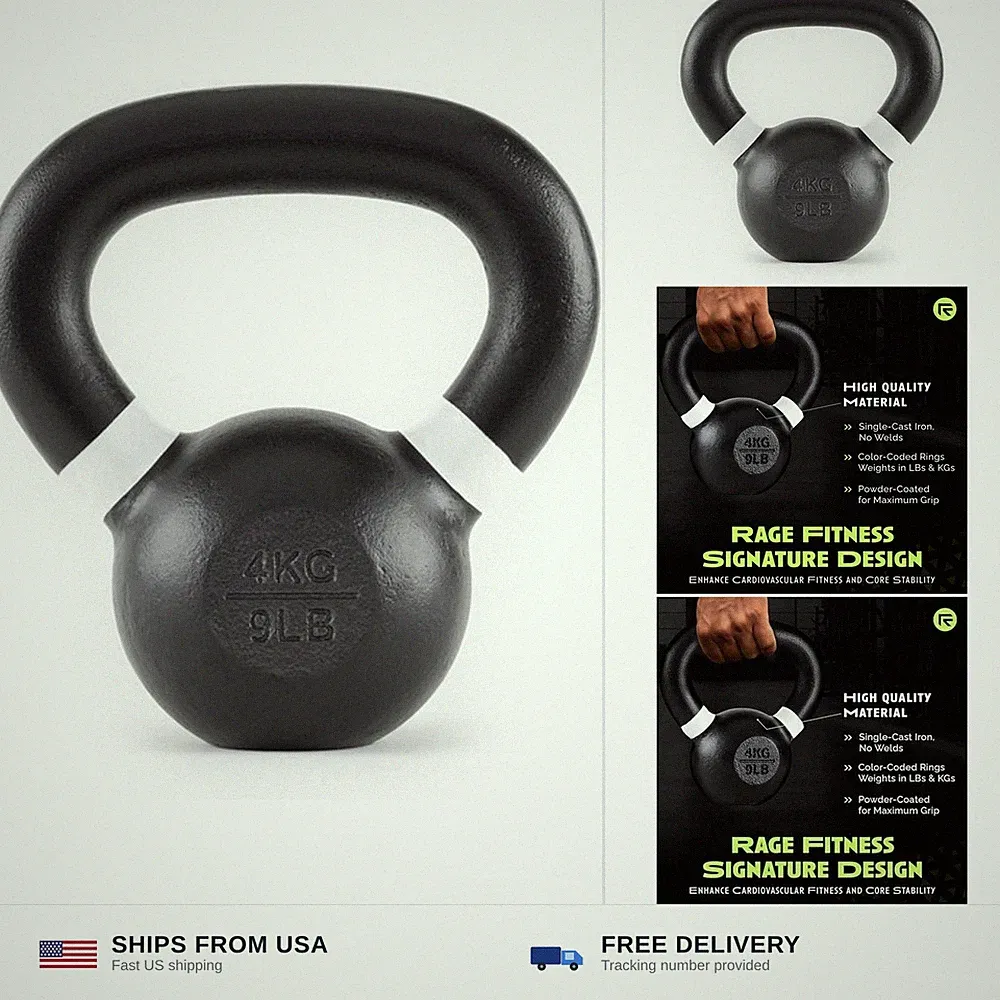 Rage Fitness Single Cast Iron Kettlebell | Powder Coated - Wide Handle Weight...