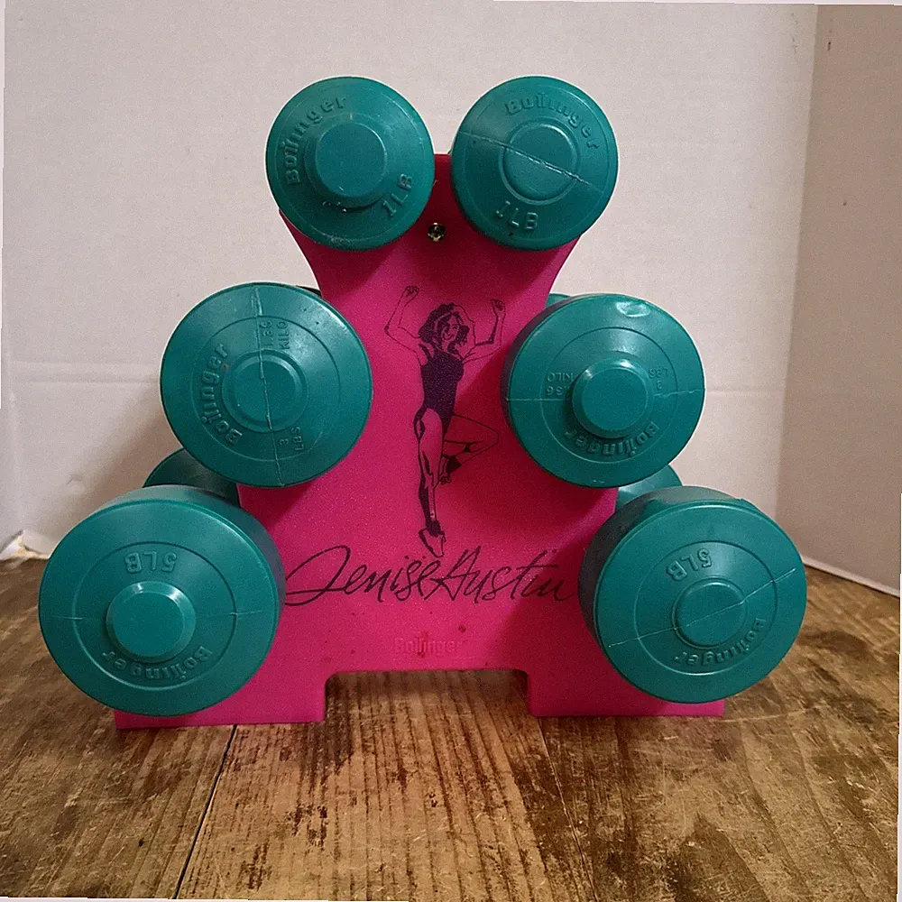 Rare Vintage Denise Austin Hand Weight Dumbbell Set With Rack 1, 2 1/2, 5 Lb