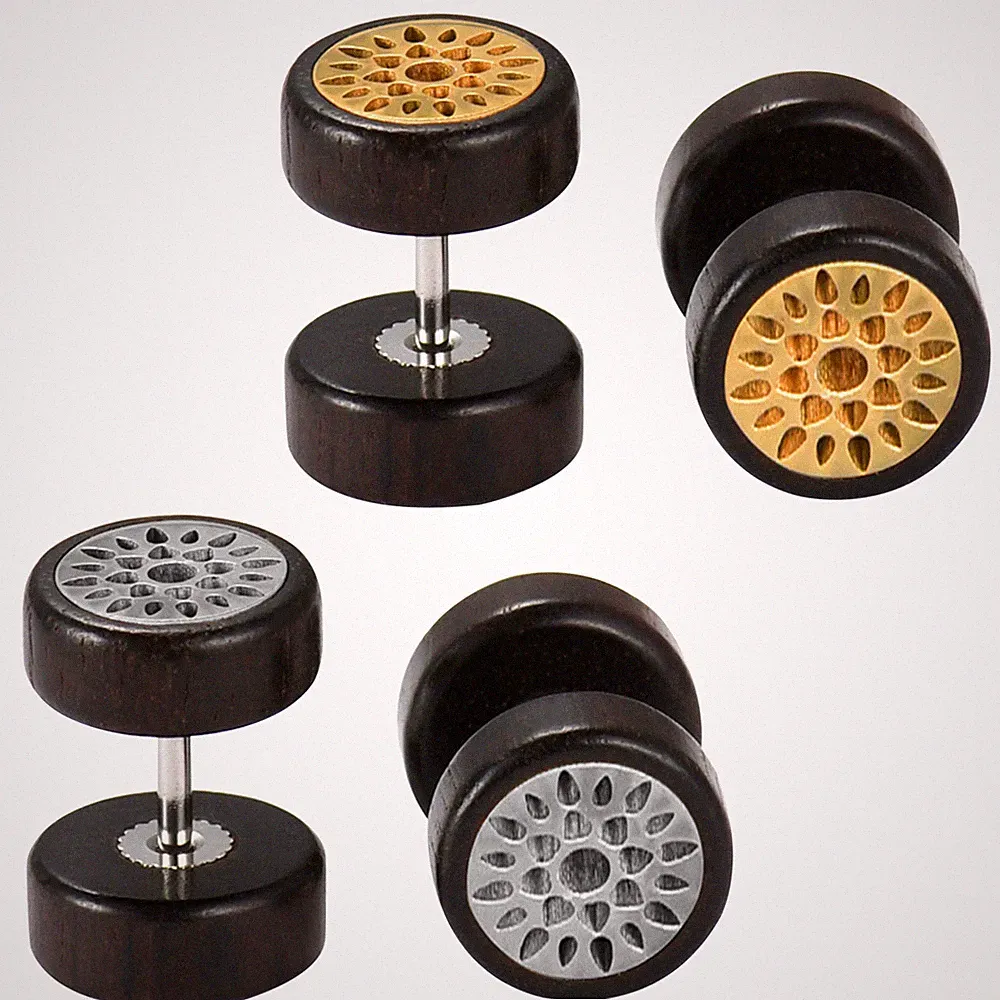 Retro Men Womens Stainless Steel Wooden Flower Fake Plugs Dumbbell Stud Earrings