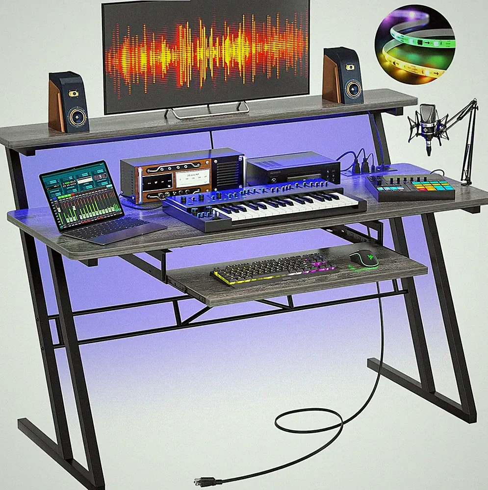 RGB Music Studio Desk with Power Outlets - Grey Oak Workstation