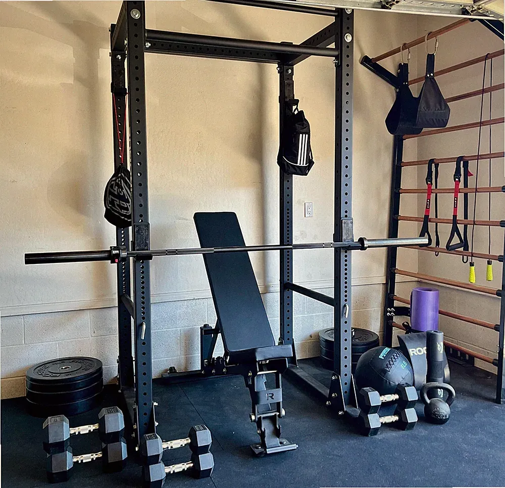 Rogue Gym Equipment Crossfit Setup: Rack, Bench, Barbell, Dumbbells, Plates