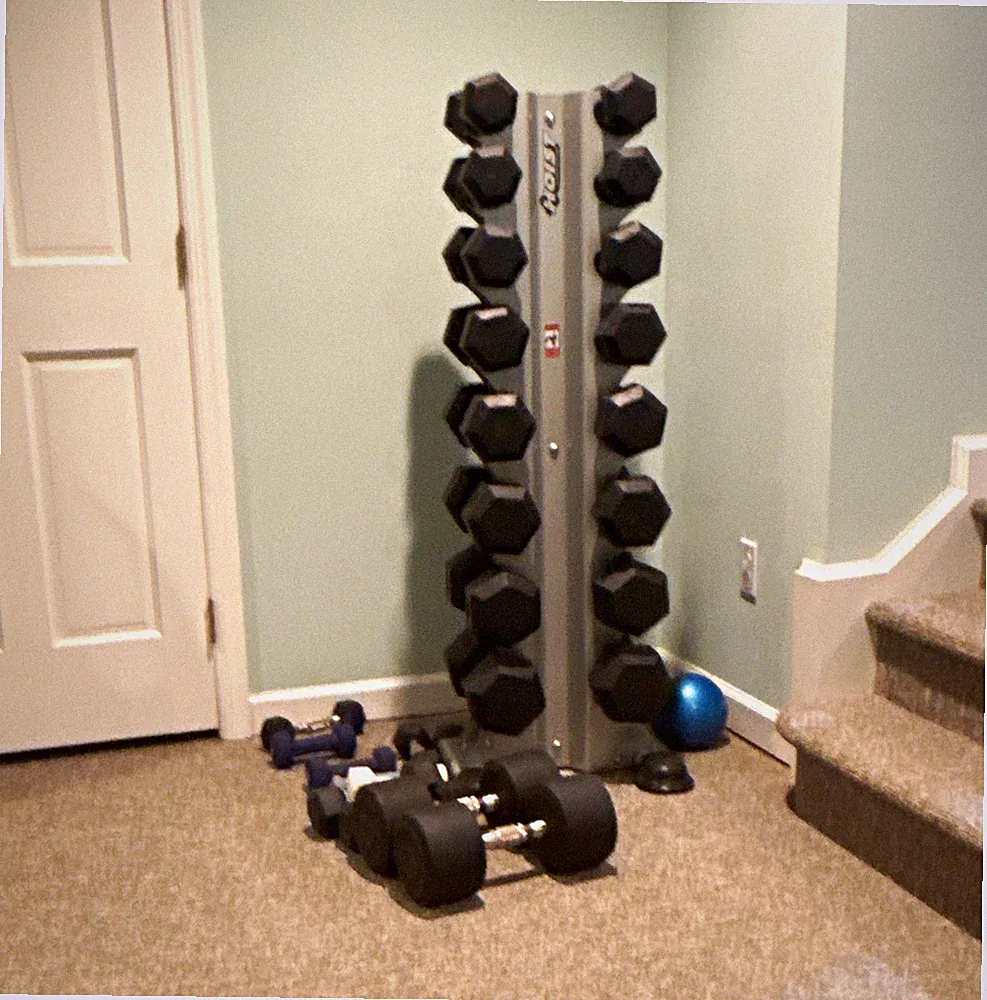 Rogue Hex Dumbbell Set 5-50 lb (10 pcs) w/ RA-10 Vertical Storage Rack