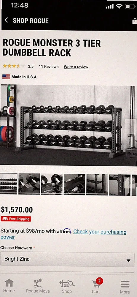 Rogue Monster 3 Tier Steel Dumbbell Rack Black Weight Storage