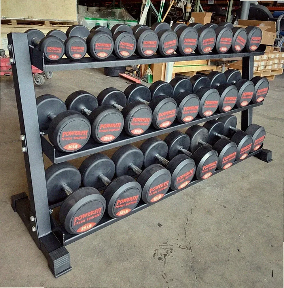 Round Rubber Dumbbell Set 5lb-70lb w/ PowerFit 70" Three Tier Dumbbell Rack