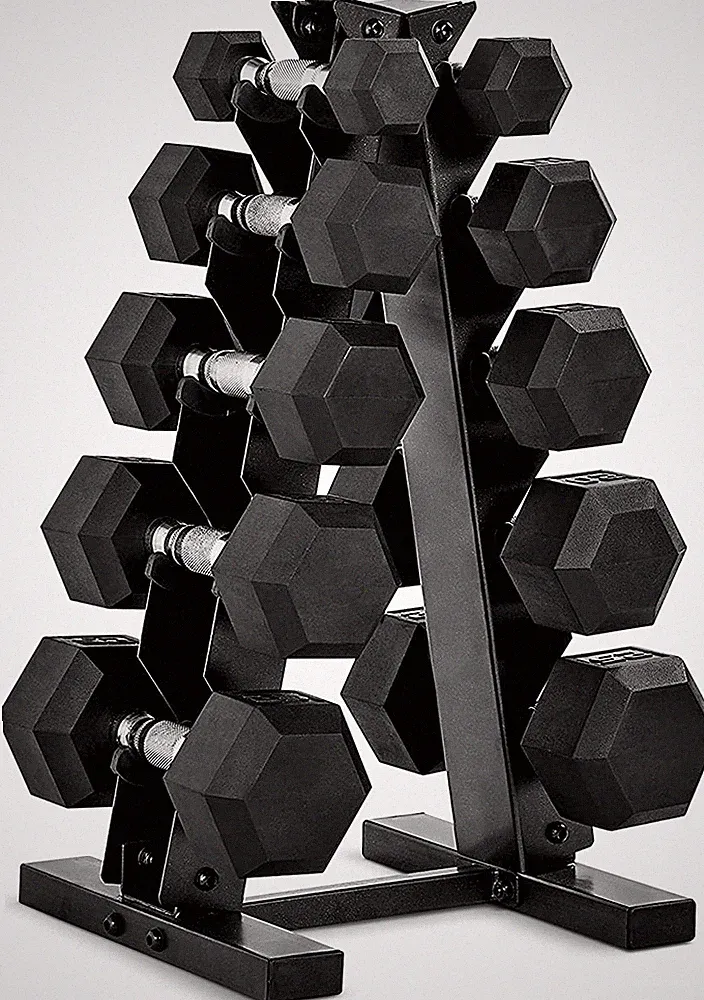 Rubber Coated Dumbbell Weight Set with Vertical Rack | 100 Lb, 150 Lb, and 210 L