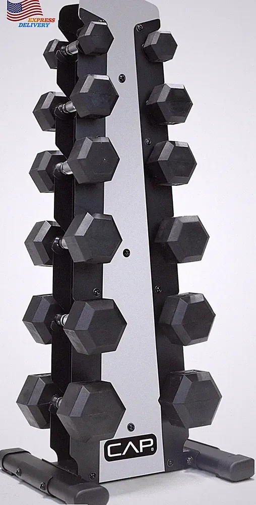 Rubber Coated Dumbbell Weight Set with Vertical Rack 210 Pounds FREE SHIPPING US