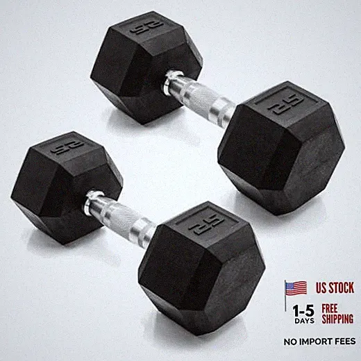 Rubber Coated Dumbbell Weights, Free Weights for 25 lb - Pair Chrome Handle