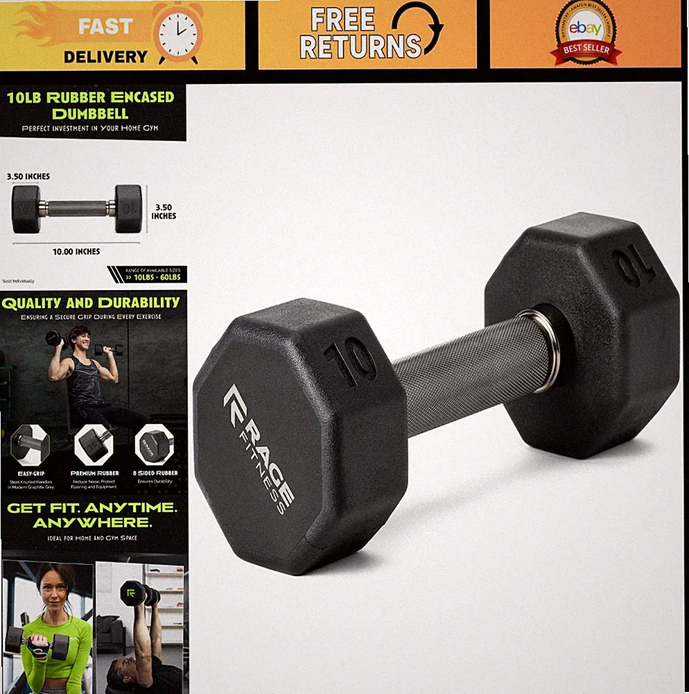 Rubber Coated Dumbbells - No Roll, Easy-Grip Knurled Handle, 10-60 LBS Weights f