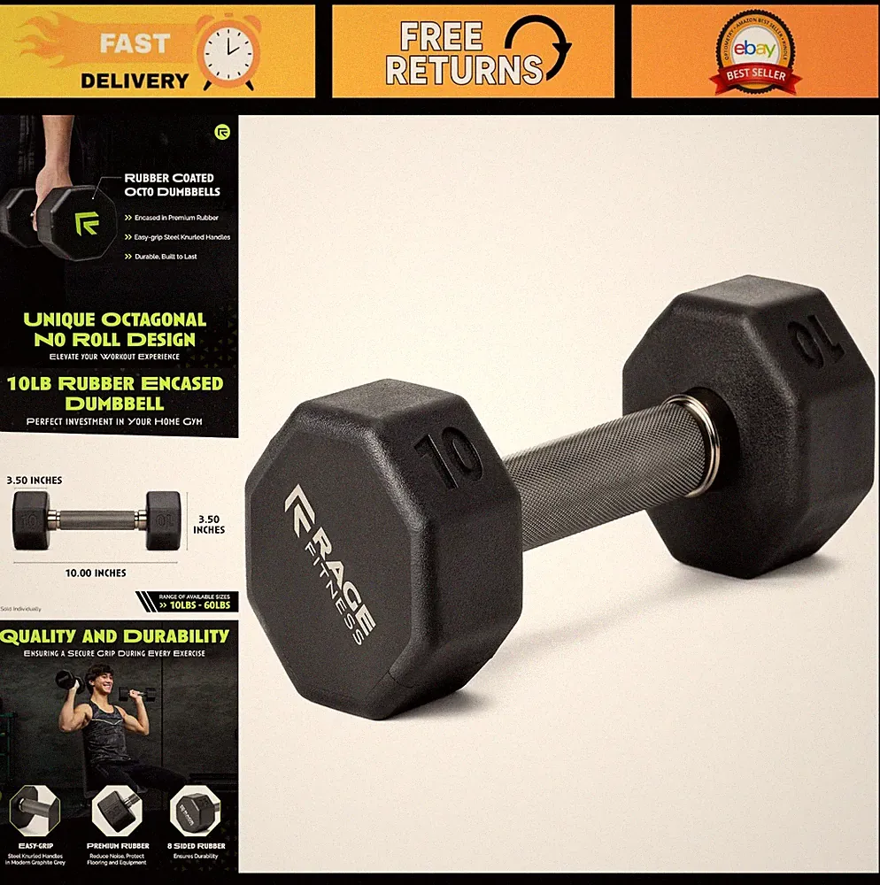 Rubber Coated Dumbbells Set - No Roll Design, Easy-Grip Handle, 10-60 LBS Indivi