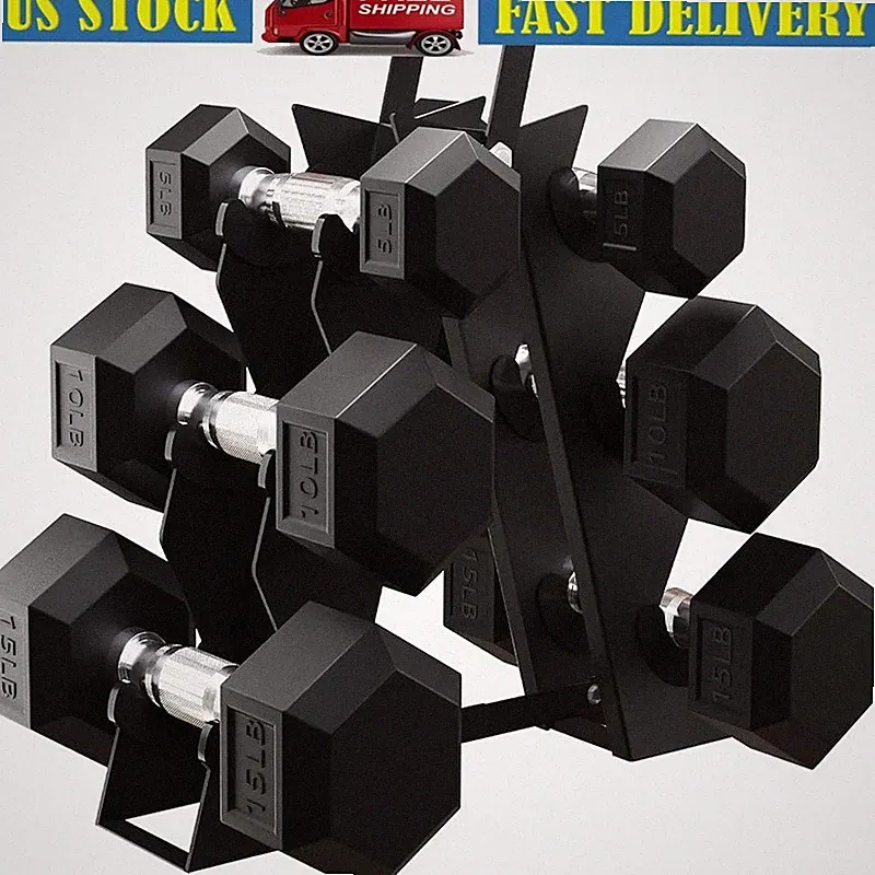 Rubber-Coated Dumbbells Set W/ No-Roll Head Ergonomic Grips Space-Saving Rack US
