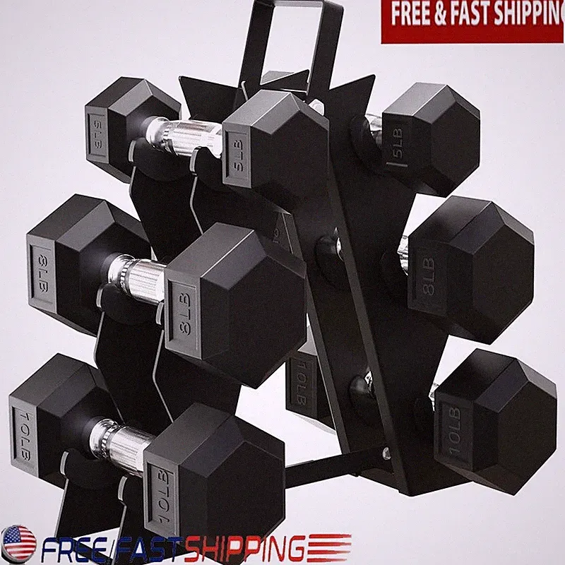 Rubber-Coated Dumbbells W/ Ergonomic Handles Space-Saving Rack Home Gym New