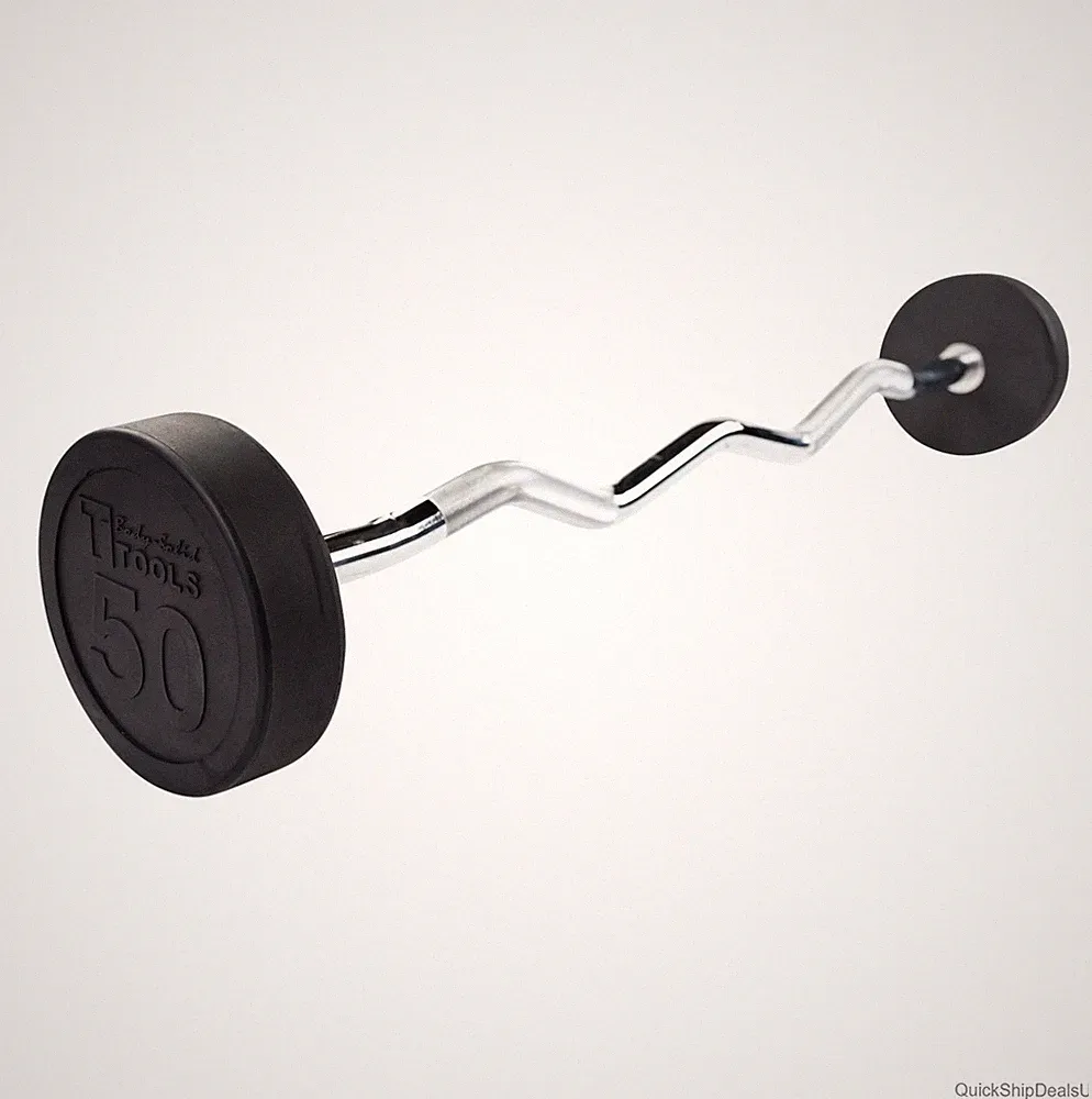 Rubber Coated Fixed EZ Curl Barbell 50lb Dumbbell Bicep Tricep Home Gym Workout