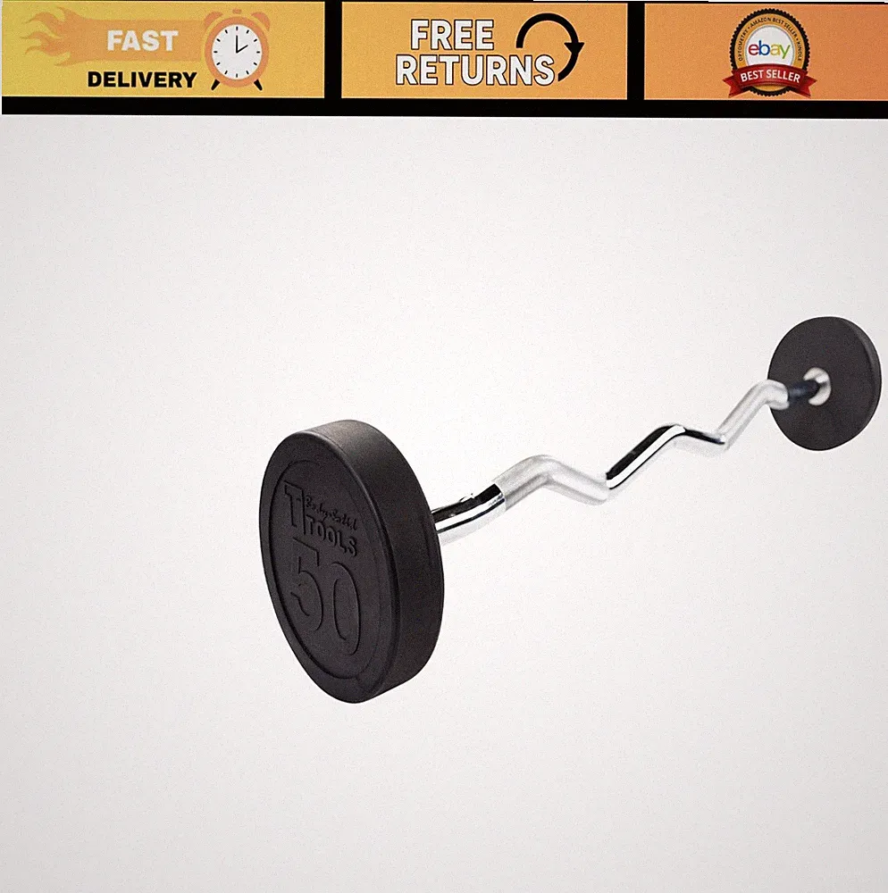 Rubber Coated Fixed Weight Barbell 50lb for Weightlifting, Strength Training & B