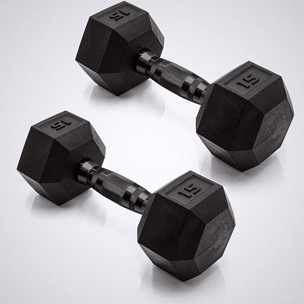 Rubber Coated Hex Dumbbell 15 LB Pair Black Handle CAP Barbell Weight