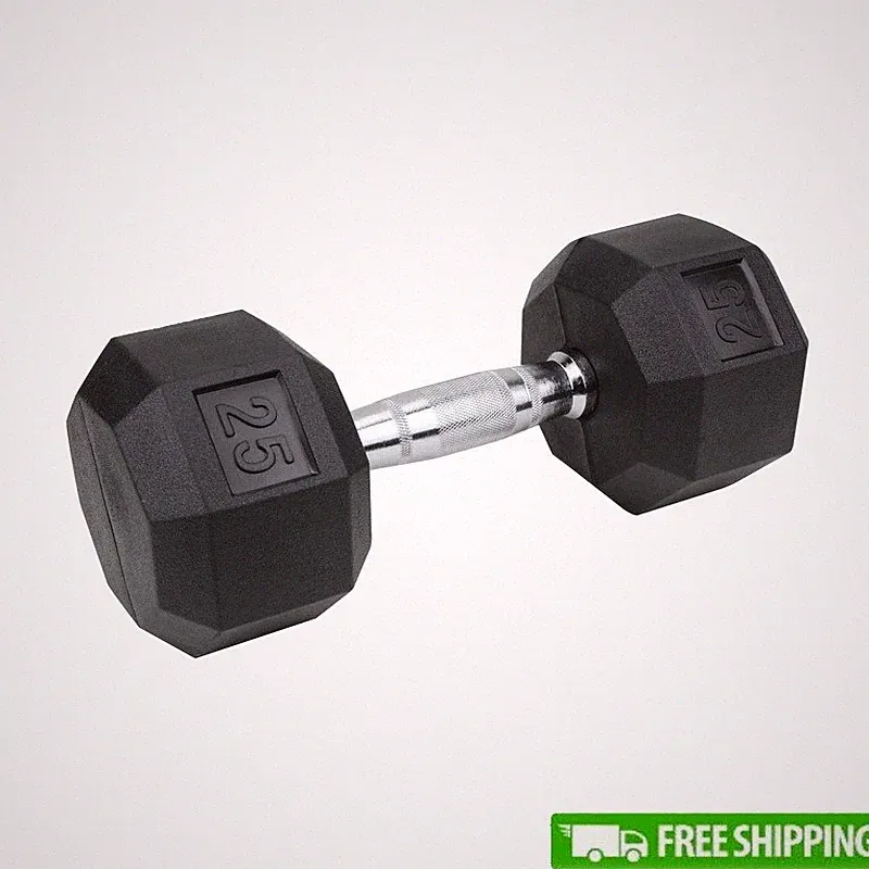 Rubber Coated Hex Dumbbell 25lb Chrome Handle Strength Training Fitness New