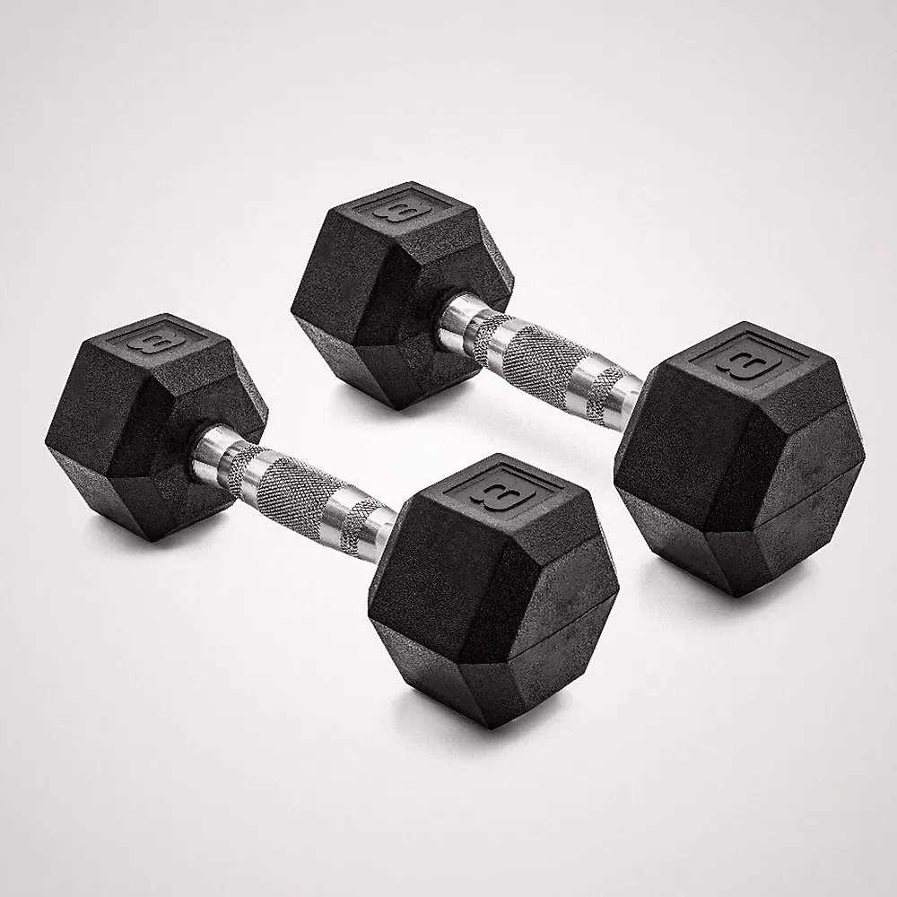 Rubber Coated Hex Dumbbell 8lb Pair No Roll Design with Ergonomic Steel Handle
