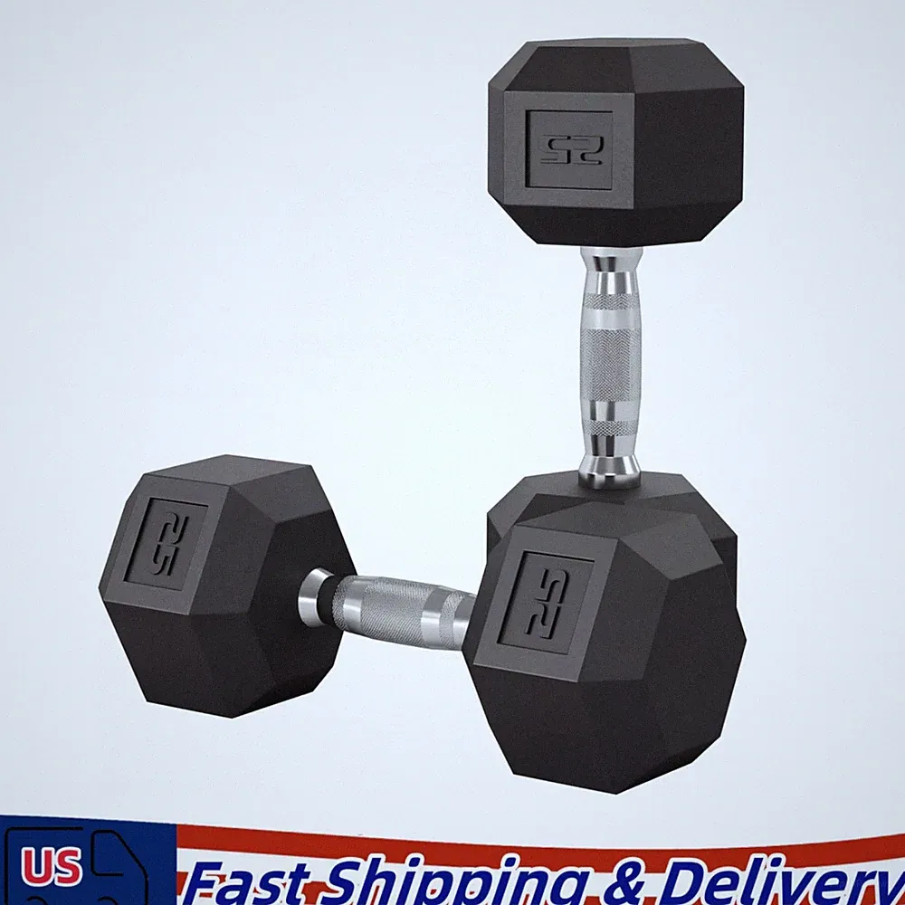Rubber Coated Hex Dumbbell Hand Weights 25 LB Pair of 2 Black