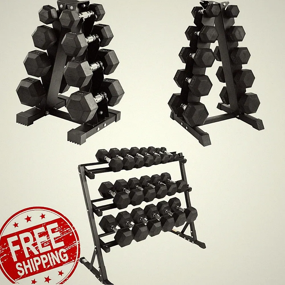 Rubber Coated Hex Dumbbell Pairs Weight Set 100lb-550lb Frame Rack Curl Fitness