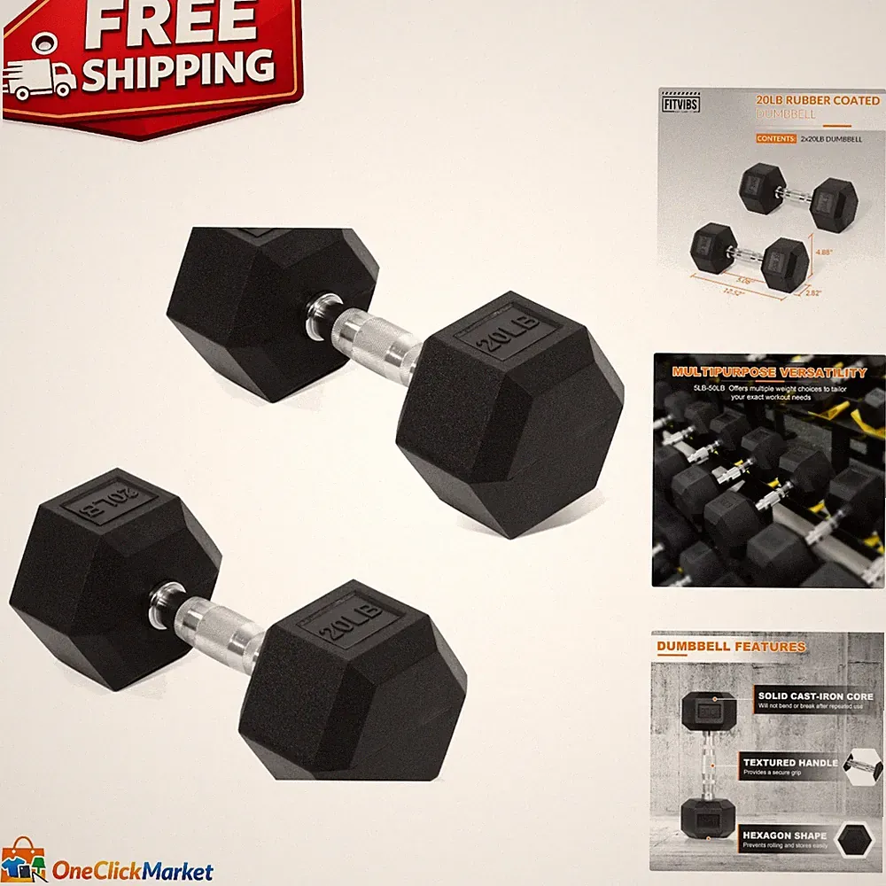 Rubber Coated Hex Dumbbell Set - Adjustable 5-50 lb Weights for Home Gym