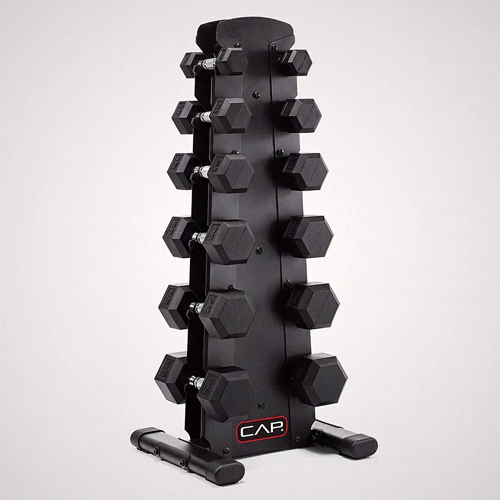 Rubber Coated Hex Dumbbell Set with Storage Rack 100-210 lb