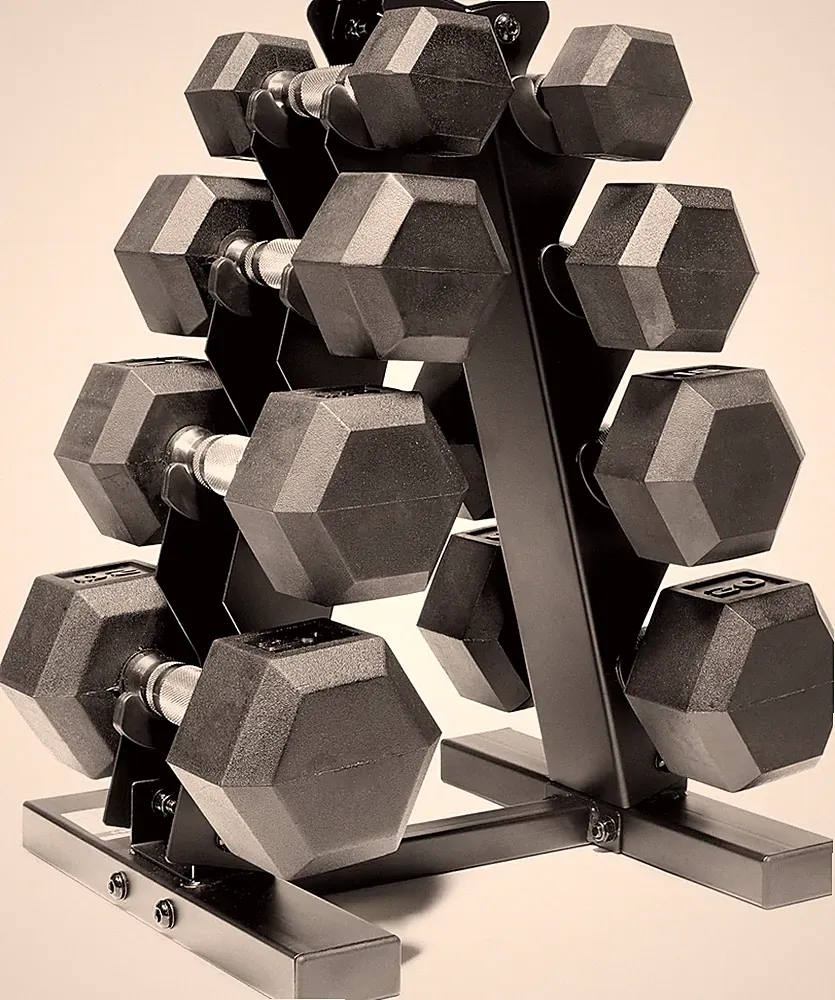 Rubber Coated Hex Dumbbell Set with Storage Rack | 100–210 Lb Options, Space-Sav
