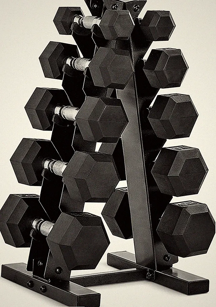 Rubber Coated Hex Dumbbell Set with Storage Rack | 100–210 Lb Options, Space-Sav