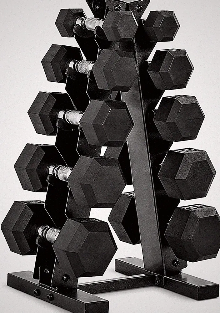 Rubber Coated Hex Dumbbell Set with Vertical Rack - Home Gym Strength Training