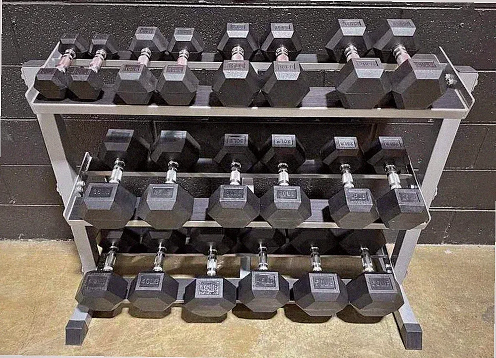 Rubber Coated Hex Dumbbell Weight Set and Storage Rack 10-40lb Pairs With Rack