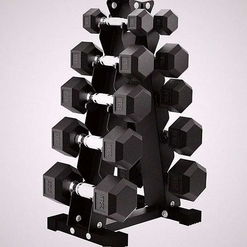 Rubber Coated Hex Dumbbell Weight Set and Storage Rack Organizer Cast Iron