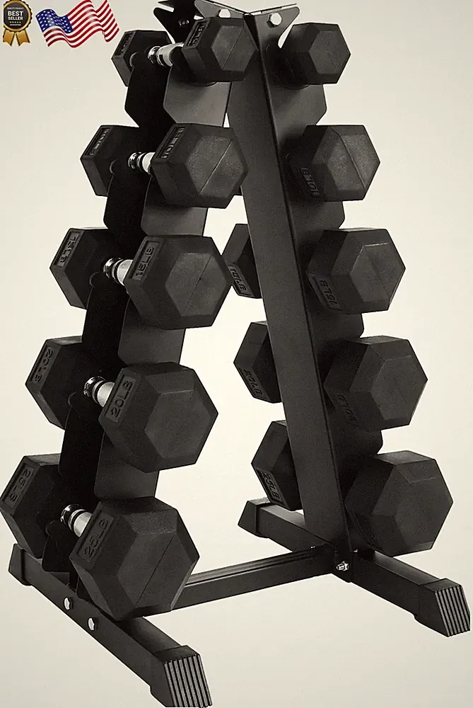Rubber Coated Hex Dumbbell Weight Set with A-Frame Rack, 5-25 Lbs Pairs