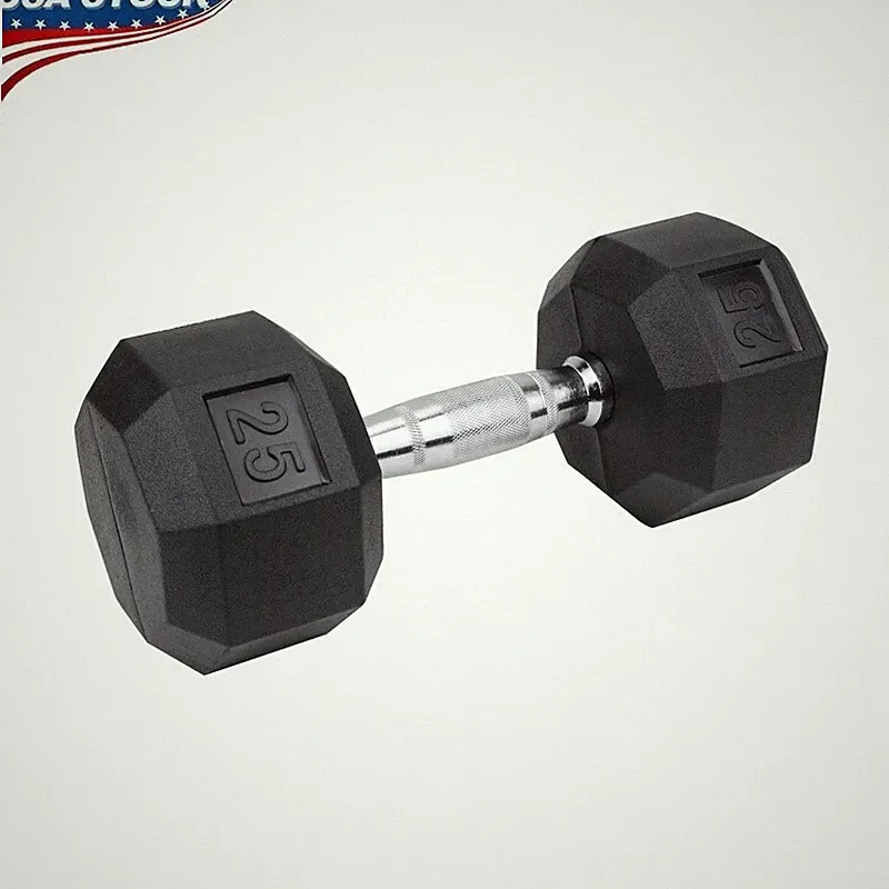 Rubber Coated Hex Dumbbells 25 Lb Chrome Textured Handle Gym Strength Training