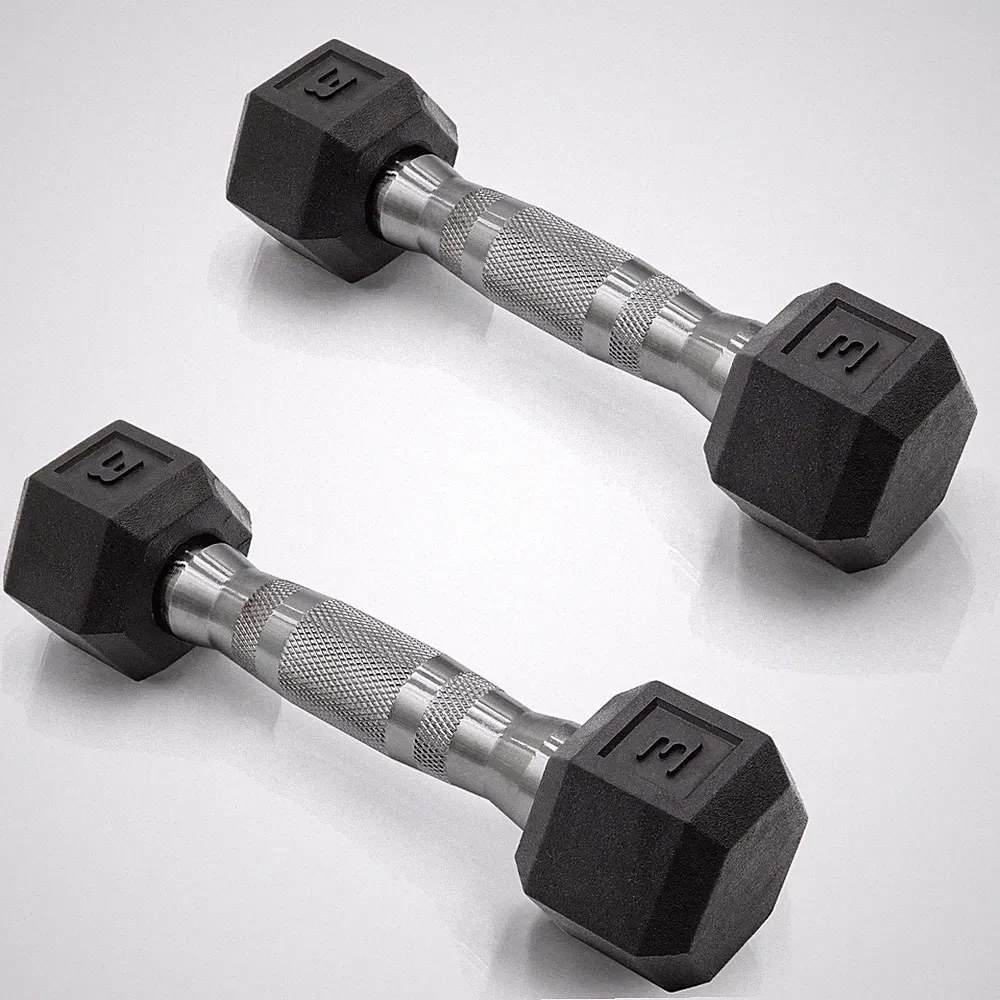 Rubber Coated Hex Dumbbells 3 LB Pair Chrome Handle Hand Weights