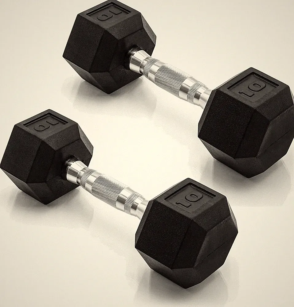 Rubber Coated Hex Dumbbells Anti-Roll Black Chrome Comfort Grip Handles