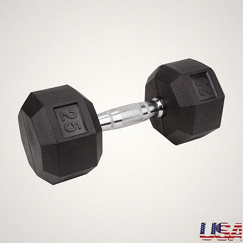 Rubber Coated Hex Dumbbells Chrome Handle 25 lb Weight Training Fitness New