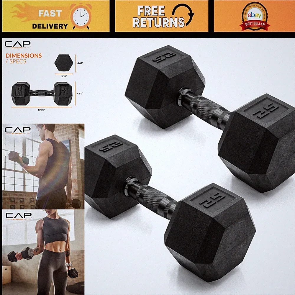 Rubber Coated Hex Dumbbells - Free Weights for Home Gym Strength Training, Anti