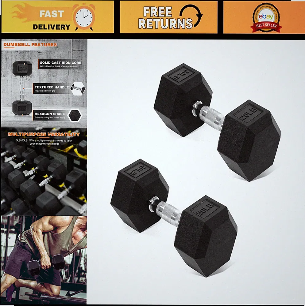 Rubber Coated Hex Dumbbells Hand Weights for Home Gym Fitness, 5-50 LB Pair