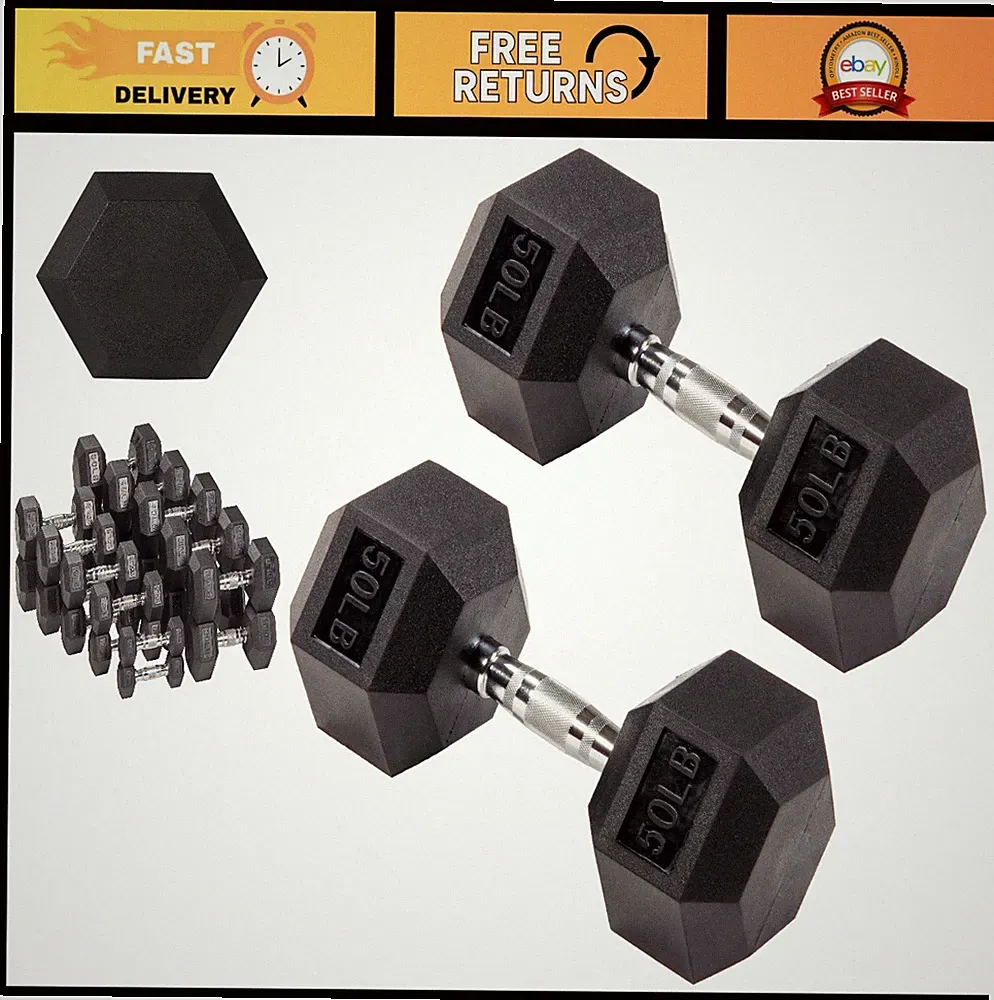 Rubber Coated Hex Dumbbells Hand Weights for Home Gym Fitness, 5-50 lbs Pairs