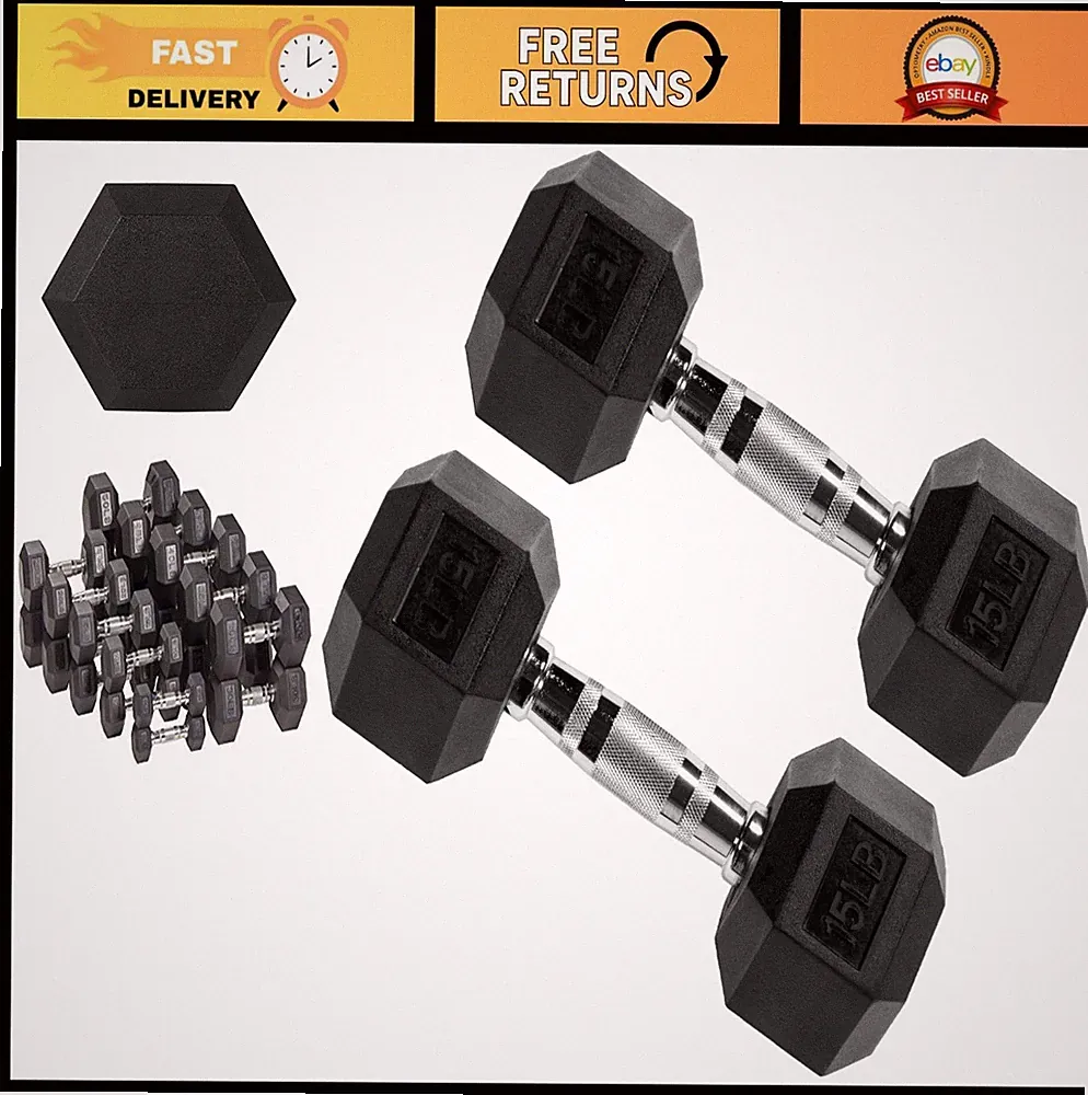 Rubber Coated Hex Dumbbells Hand Weights for Home Gym Fitness, 5-50 lbs Pairs